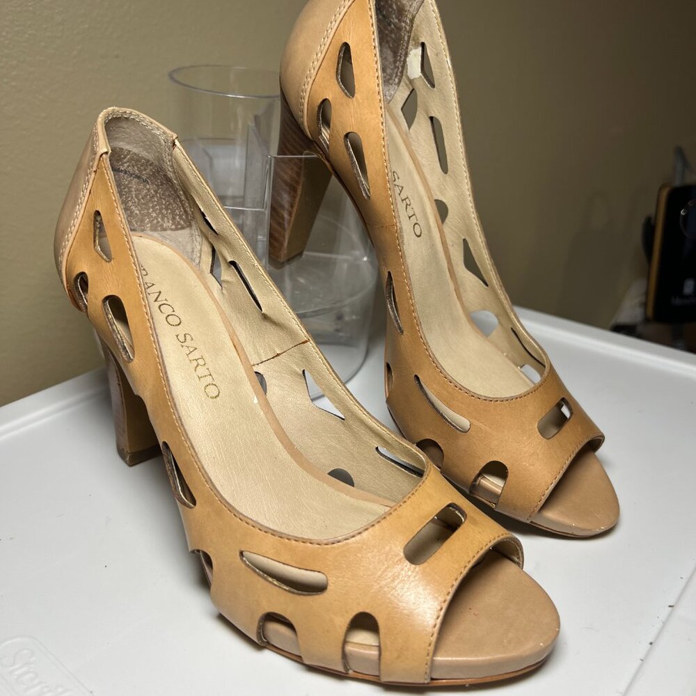 Franco Sarto Koala TanLeather Cut-Out Heels Open Toe Sz 6M